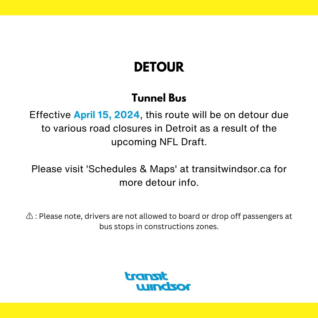 Plan Your Route -- Effective April 15, 2024, this route will be on detour due to various road closures in Detroit as a result of the upcoming NFL Draft. 

Please visit transitwindsor.ca for more detour info.