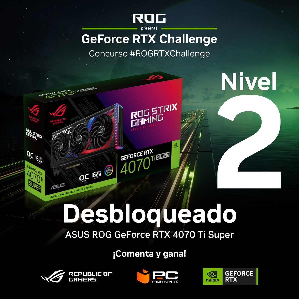 INCREÍBLE 🤩 Ya habéis desbloqueado el nivel 2 en nuestro sorteo #ROGRTXChallenge y hemos añadido una ASUS ROG GeForce RTX 4070 Ti Super a la lista de premios. ¿Quieres participar? 1. Dale like 2. Comenta con #ROGRTXChallenge ¡Comparte el hype y desbloquea más premios!