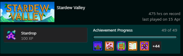 Finally after many years I committed to finishing all the Stardew Valley achievements ❤️ What a ride, thank you for making this amazing game is an understatement @ConcernedApe