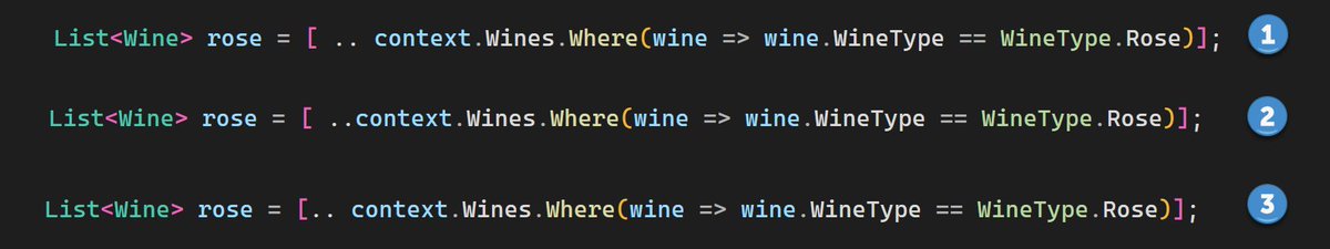 VS2022 (and/or Resharper) do not have formatting option for the spread operator, do you think there should be? 

Currently 3⃣ is current format.

#visualstudio #vs2022