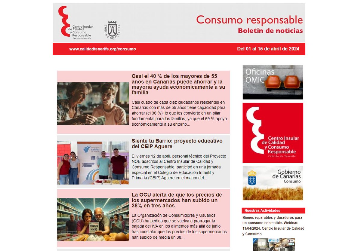 📰 Publicado el #boletín de #ConsumoResponsable 

☑️ Destacamos: Casi el 40 % de los mayores de 55 años en #Canarias puede ahorrar y la mayoría ayuda económicamente a su familia

🔗 calidadtenerife.org/?q=epublish/14…