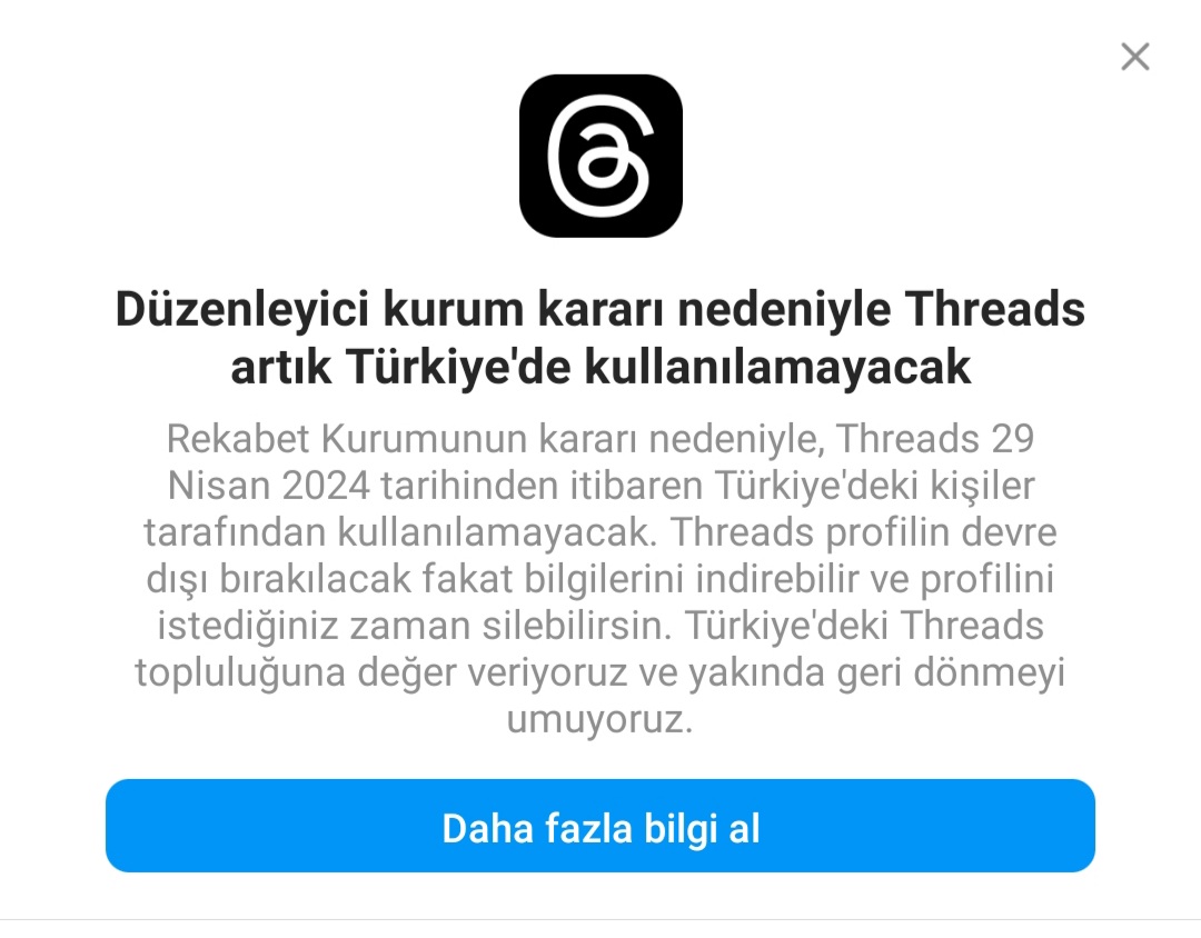 Olmasaydı sonumuz böyle! Meta, Rekabet Kurumu kararı sonrası Threads'in Türkiye'de kullanımını durdurma kararı aldı. Konuya ilişkin açıklama burada 👇 help.instagram.com/714235914122776