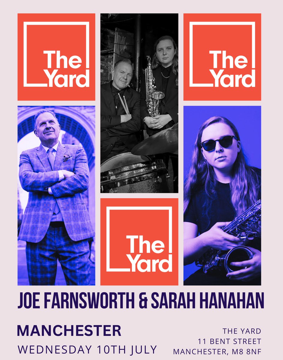 Delighted to announce that @stravanco will be promoting more New York musicians in Manchester this summer! Jazz drumming legend Joe Farnsworth with the awesome Sarah Hanahan (sax) Wednesday 10th July | THE YARD @theyard_mcr 🎟️ First release £22.50 wegottickets.com/event/617980