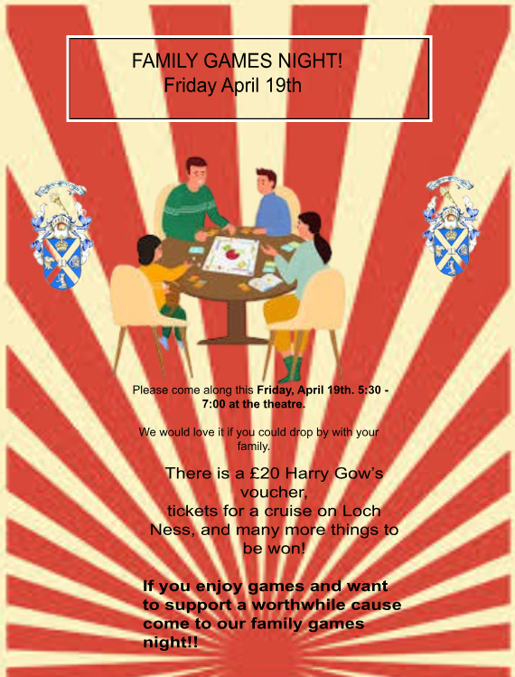 We are really looking forward to welcoming you all to our Family Games Night this Friday 19 April 5.30-7pm organised and run by the Shieling Fundraising Group. Games will be suitable for the whole family and there will be a Bake Sale. Hope to see you all there!