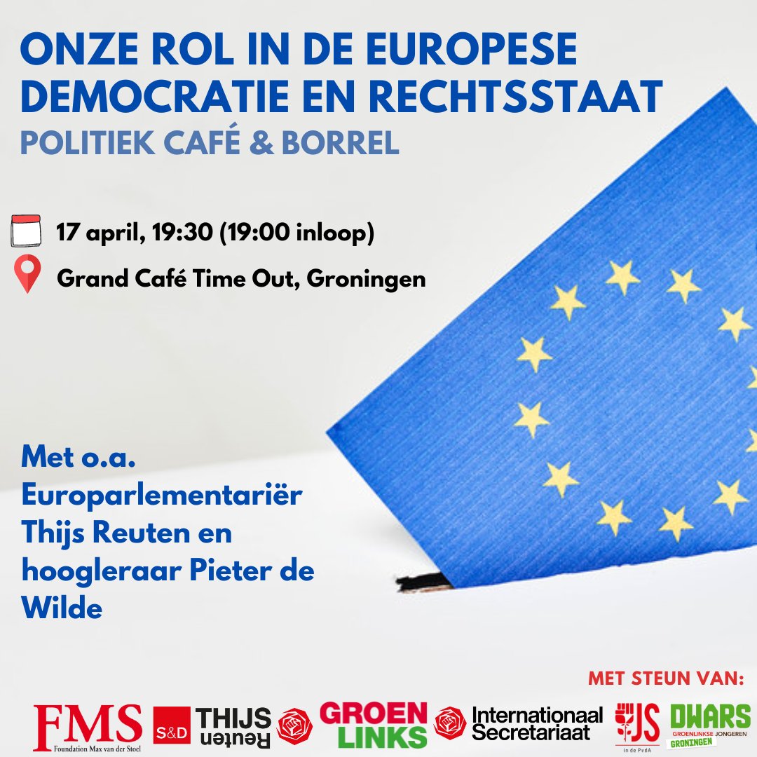 Aankomende woensdag is het al zover: ons politiek café in Groningen! We zullen met o.a. @thijsreuten en @pieter_dewilde spreken over de Europese democratie en rechtsstaat 🇪🇺 Kom jij ook? Meld je dan aan via deze link: forms.gle/fQdy8yXthfSnAW…