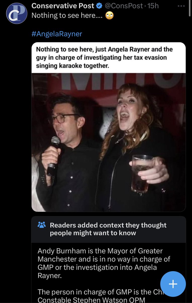 Correct, Conservative Post!

There IS nothing to see here, as this community note logically points out.

I’m sure you would never try to claim Andy Burnham is actually in charge of Rayners investigation, that’s be stupid.

#ToriesOut648 #AngelaRayner #GeneralElectionN0W