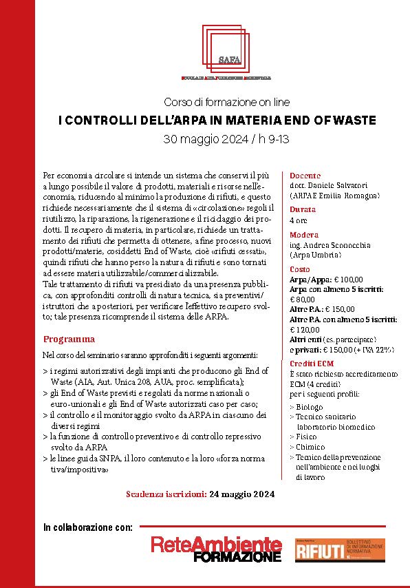 📢Corso di formazione: 'I controlli dell’Arpa in materia #EndofWaste' Aperte le iscrizioni al nuovo corso Safa @arpaumbria 📅30 maggio 2024 📍online ⏳iscrizioni entro il 24 maggio I dettagli e la scheda di iscrizione sono disponibili al link 👉 snpambiente.it/i-controlli-de…