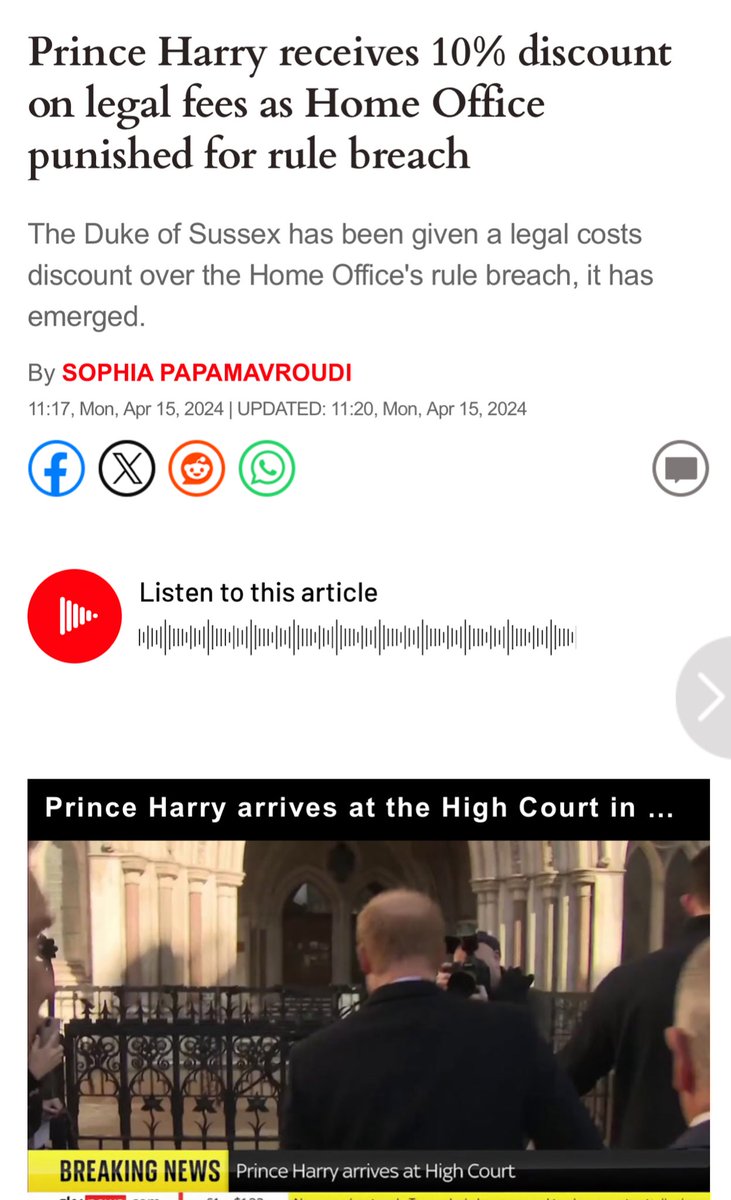 Harry denied appeal against the Home Office for the return of taxpayer funded security, but receives a 10% discount on legal fees as the Government made a small error. Harrys lawyers demanded a 60% discount! The Judge isn’t playing. Pay up 💰 express.co.uk/news/royal/188…