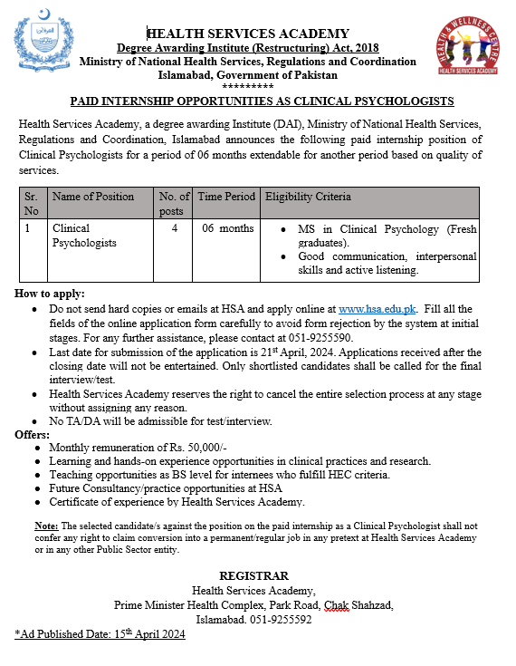 🌟Exciting Opportunity Alert! 🌟 Are you a Clinical Psychologist? Join our team at Health Services Academy for a 6-month contract! If you're passionate about mental health, apply now: hsa.edu.pk/login?redirect…. Don't miss out! #ClinicalPsychologist #HealthServicesAcademy #ApplyNow