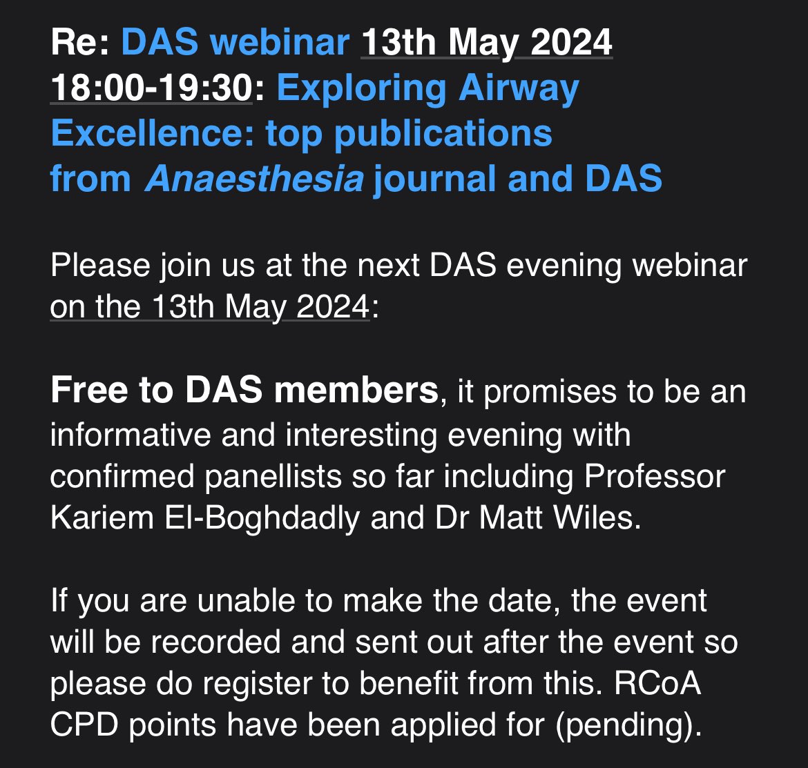 Exploring Airway Excellence webinar @DAS will look at top publications Recommend to all Anaesthetic nursing practitioners, and #TAPAcademyAnaestheticNursingPractice course learners