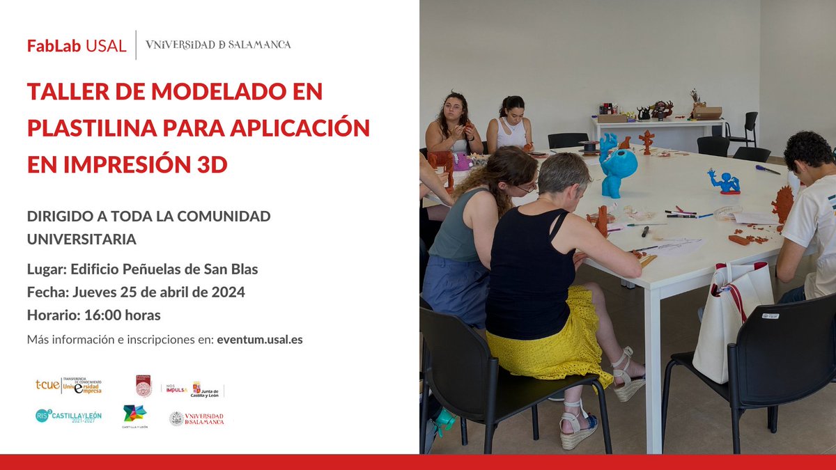 FabLabUSAL's tweet image. 👨‍💻 Taller de modelado en plastilina para aplicación en impresión 3D  

🗓️ Jueves 25 de abril de 2024 
🕙 16:00 horas
📍FabLab USAL, Complejo Peñuelas de San Blas  

Más información e inscripciones:
eventos.usal.es/115652/detail/…
