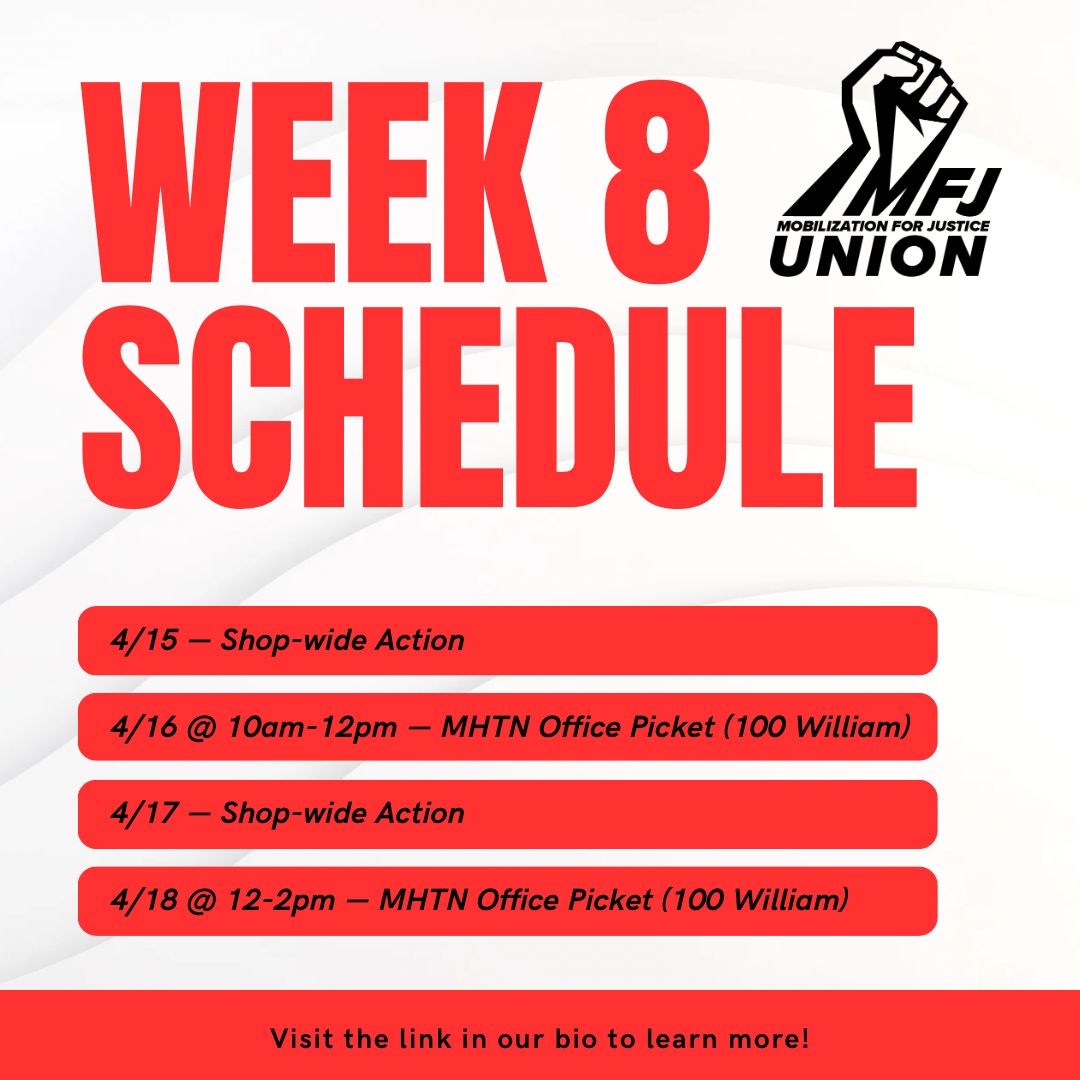 📣📣WE ARE NOW IN WEEK 8 OF STRIKE FROM @MFJLegal. HERE'S THE SCHEDULE! 📣📣 Please join us tomorrow (4/16) and Thursday (4/18) for pickets! Details for the 4/15 and 4/17 pickets aren't public. We are increasing the pressure and who doesn't like surprises? Solidarity forever!