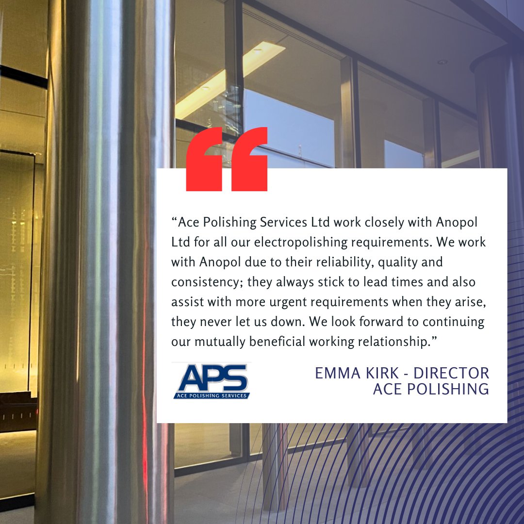 A big thank you to Emma Kirk - Director at Ace Polishing Services for your fantastic feedback for Anopol Group.

It's a pleasure working with you all.

#acepolishingservices #anopol #electropolishing #ukmfg #team #testimonial #pickling #passivation