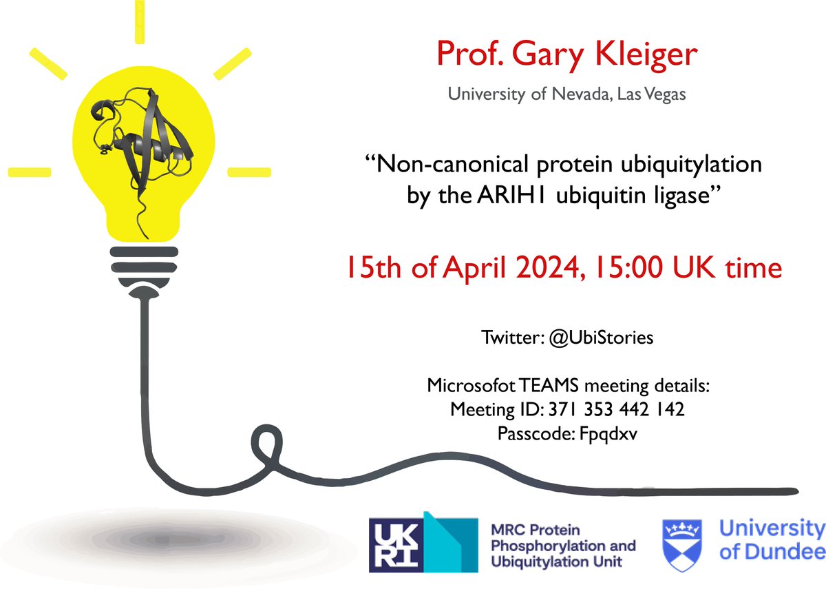 "📢 Don't forget! TODAY at 15:00 UK time (on Teams): Join us for Prof. Gary Kleiger's seminar on the non-canonical activity of ARIH1! It's going to be enlightening! #Research #seminarseries #Ubiquitin
