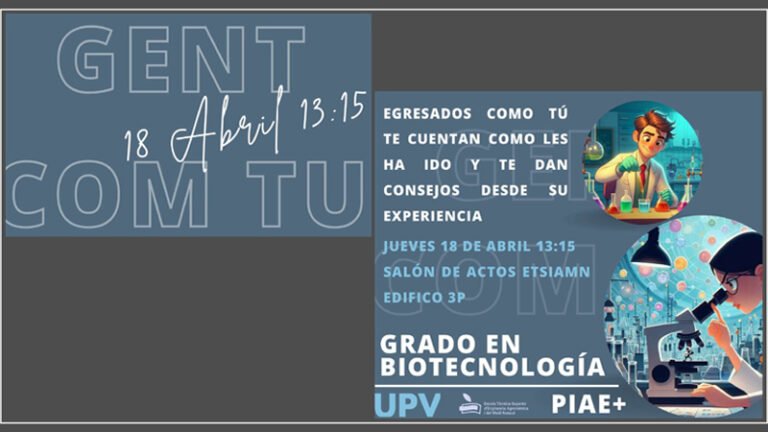 📢 ¡Atención estudiantes de Biotecnología! Este jueves 18 de abril no te pierdas la jornada informativa 'Gent com tu', donde egresados compartirán su experiencia personal y consejos para tu futuro profesional. 🕐A las 13:15 h. en el Salón de Actos (Edificio 3P) 👋¡Te esperamos!