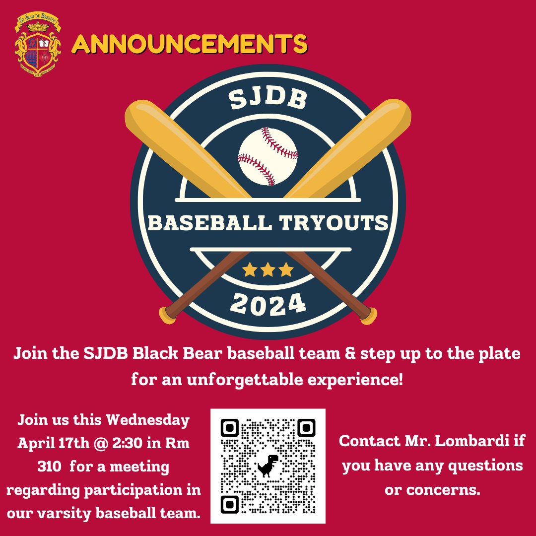 🧢⚾Join the SJDB Black Bear baseball team and step up to the plate for an unforgettable experience! 
Meeting Wednesday April 17th @ 2:30 in Rm 310