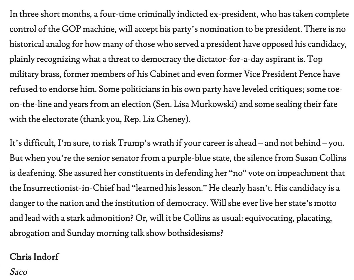 Remarkable how few columns there've been in Maine outlets these last couple years on Susan Collins role in aiding and enabling her party's descent into authoritarianism. But plenty of Mainers get it and some write letters. #mepolitics tinyurl.com/5tyde5p2