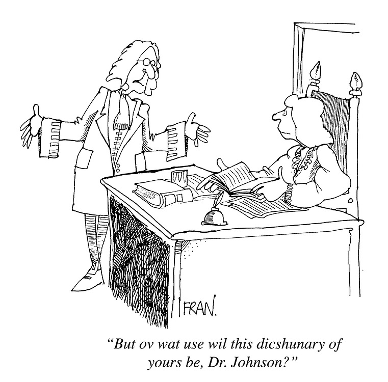 #OTD 15 April 1755 a 'Dictionary of the English Language' by Samuel Johnson was published in London. But as this PUNCH cartoon asks (no doubt one of many!) '... ov wat use wil this dicshunary of yours be, Dr. Johnson?' Fran 1990 #English #language #spelling #words #definitions