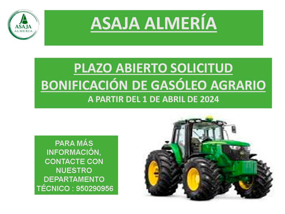 En #AsajaAlmería os recordamos hoy que está abierto el plazo para la solicitud de la bonificación del #GasoleoAgrario. 🚜🚜👨‍🌾👩‍🌾🌱 Toda la información que necesites al respecto te la ofrecemos en nuestras oficinas.. También nos puedes llamar al ☎ 950 290956