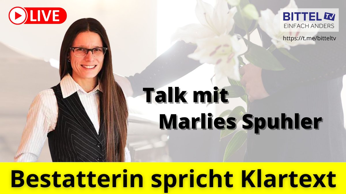 14.30 Uhr LIVE - 15.04.2024

Talk mit Marlies Spuhler
Bestatterin spricht Klartext

Dlive
👉 dlive.tv/bitteltv

VK
👉 vk.com/bitteltv

GETTR
👉 gettr.com/user/bitteltv

KICK
👉 kick.com/bittel-tv

Twitter
👉 twitter.com/bitteltv

Twitch
👉