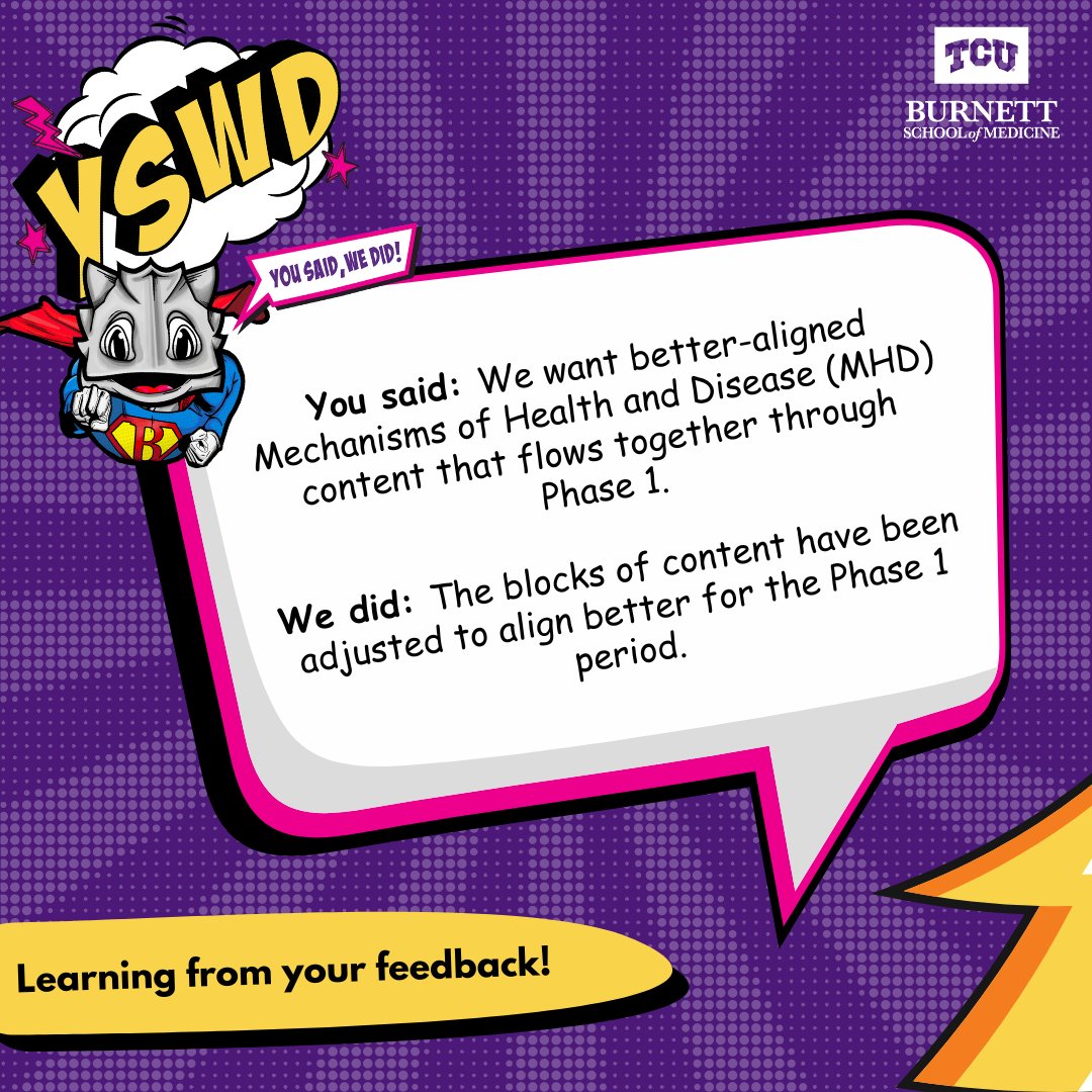 Check out how we put student feedback into action! Your voice matters to us and it is driving improvements. 

#TCU #YSWD #StudentFeedback #MedicalSchool #MedStudents #YouSaidWeDid