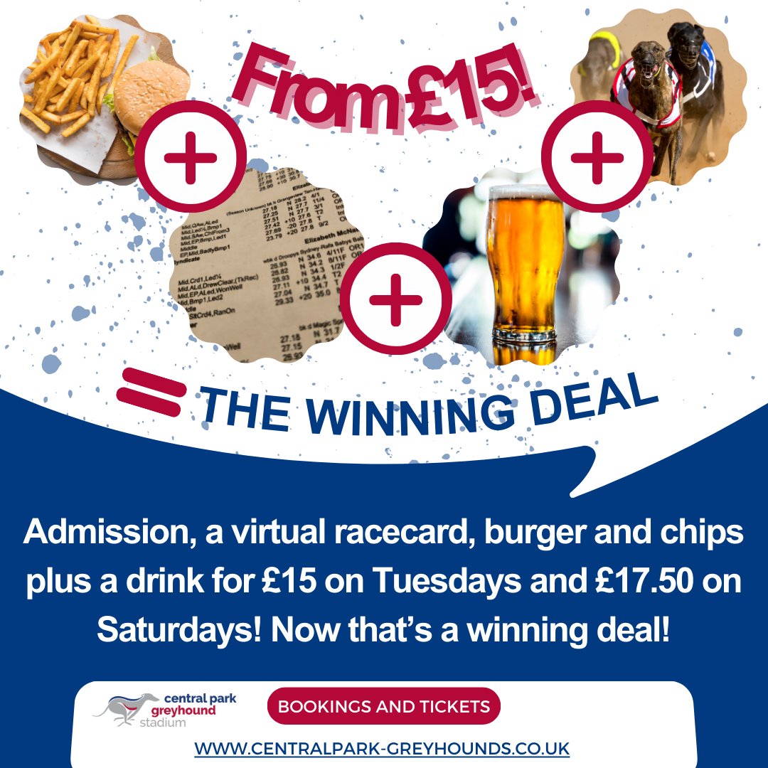 WINNING DEAL 🥇 ➕ Admission and a race card ➕ Burger and chips meal ➕ Drink voucher 👉 £15 on all Tuesday evenings 👉 £17.50 on Saturdays ✅ Get up close to the action from our grandstand 🎟️ centralpark-greyhounds.co.uk/trackside/pack… #CentralPark 🐾