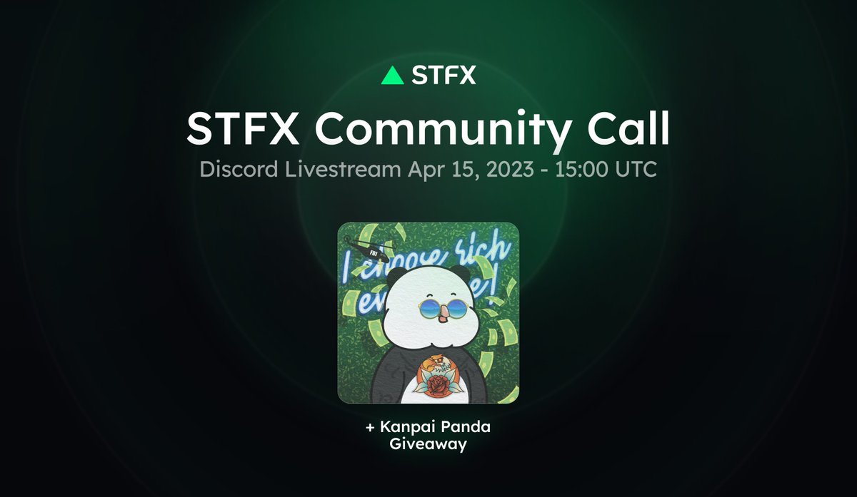 STFX STREAM TODAY 🚨

The STFX Community Stream is today at 15:00 UTC in our Discord! 🔥

What to expect:

💰 Get a head-start in our $2,000,000+ Battle Royale Competition
🛠️ Biggest feature releases
🐼 A chance to win a <a href="/KanpaiPandas/">Kanpai Pandas 🐼</a> NFT
🔮 A special announcement