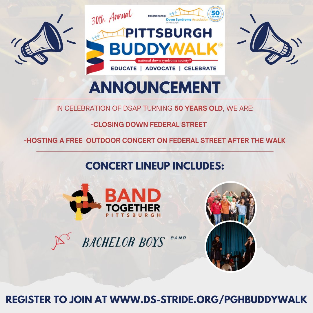 dsapittsburgh's tweet image. DSAP is excited to share a #BUDDYWALK announcement! At this year's Walk being held on 10/19 at PNC Park, in celebration of DSAP turning 50 years old, we are:
🔵 Closing down Federal Street!
🔴 Hosting a FREE outdoor concert following the walk! Register at ds-stride.org/pghbuddywalk.