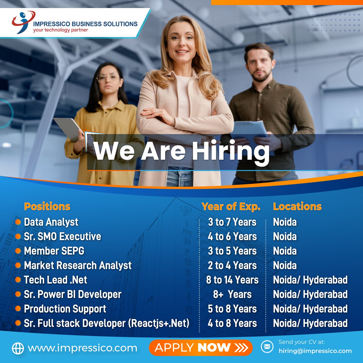 Great opportunity! We are hiring experienced professionals for various positions, as mentioned. Visit the website for a detailed job description: impressico.com Interested candidates can share CV at hiring@impressico.com. #jobs #jobvacancy #hiring #impressico