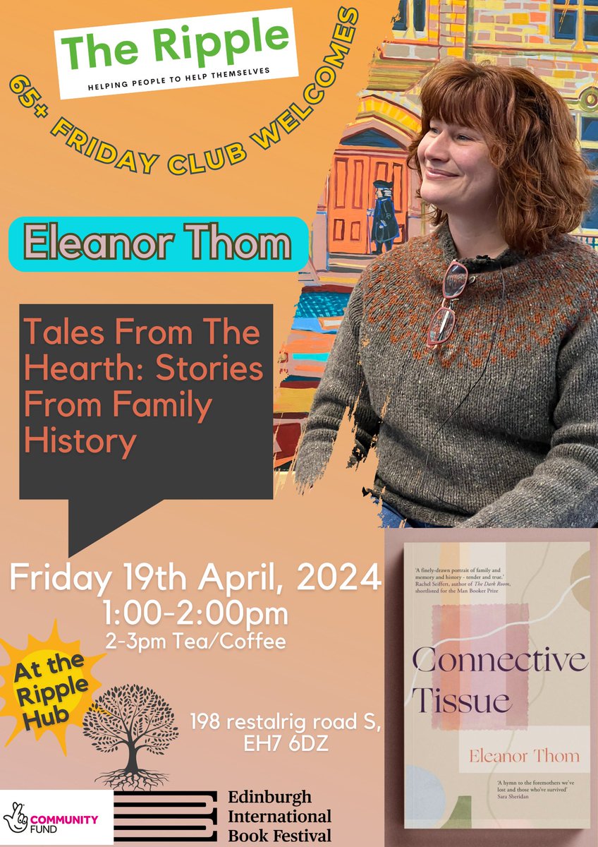 Come join the 65+ Friday club this Friday 19th April at 1pm in welcoming Eleanor Thom to the Ripple hub for her talk 'Tales From The Hearth: Stories From Family History'. Thanks again to the @edbookfest for making this event happen! We hope to see you there! #booklover #bookworm