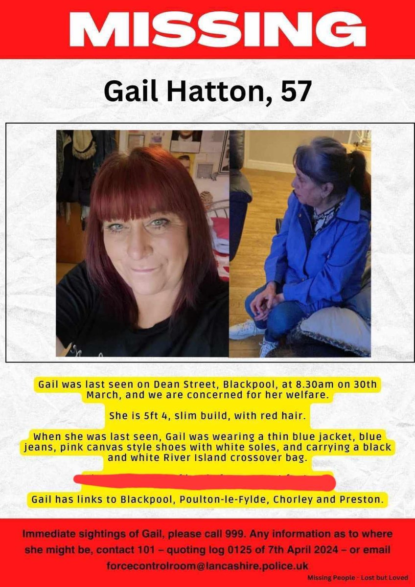 MISSING!!
GAIL HATTON 
Blackpool area.
#blackpool 
#missingpeople 
#MissingMoms 
#BBCBreakfast 
#skynews 
#thetimes 
#TheGuardian 
#scotlandyard