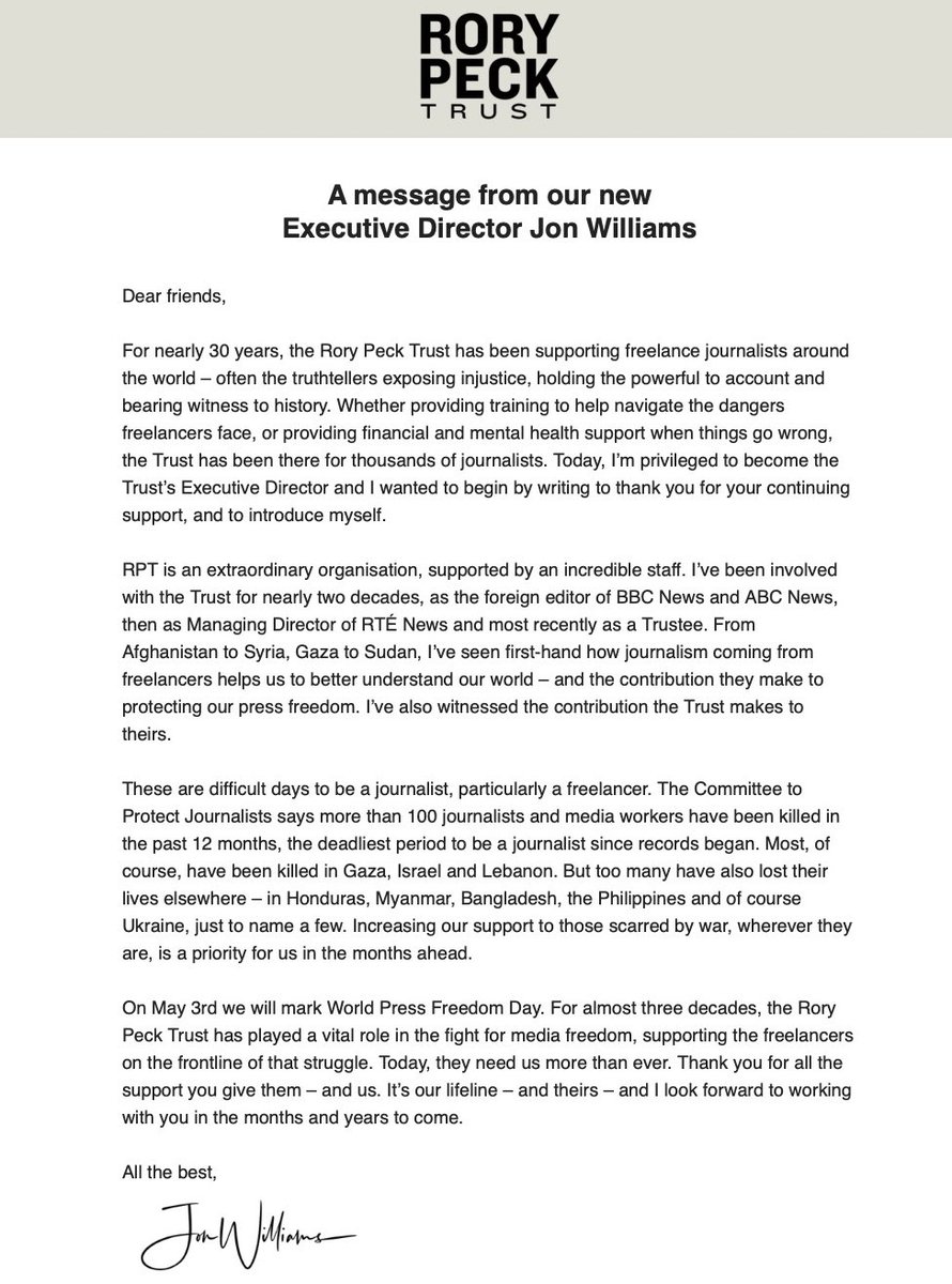 No matter how old you are, starting a new role is always a special day. Today I’m proud to be joining an incredible team doing important work. Excited for what’s to come. My first job: a thank you letter to all who support @rorypecktrust. #journalismmatters #pressfreedom