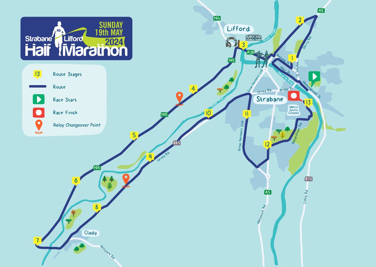 The route for this year's Strabane Lifford Half Marathon 🗺️🏃 Taking place on Sunday 19th May 📅 Get a team together for the three-person relay and complete 7km each to conquer the course. See the route for each spot below. Register now: pulse.ly/umre1lfuta