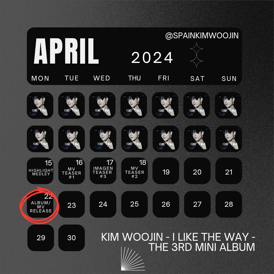 spainkimwoojin's tweet image. [🗓️] 24.04.15 Calendario de actividades de Kim Woojin del mes de Abril

Highlight medley

#KIMWOOJIN #김우진 #Kustomade #SMEntertainment #ILIKETHEWAY
#KIMWOOJIN_ILIKETHEWAY