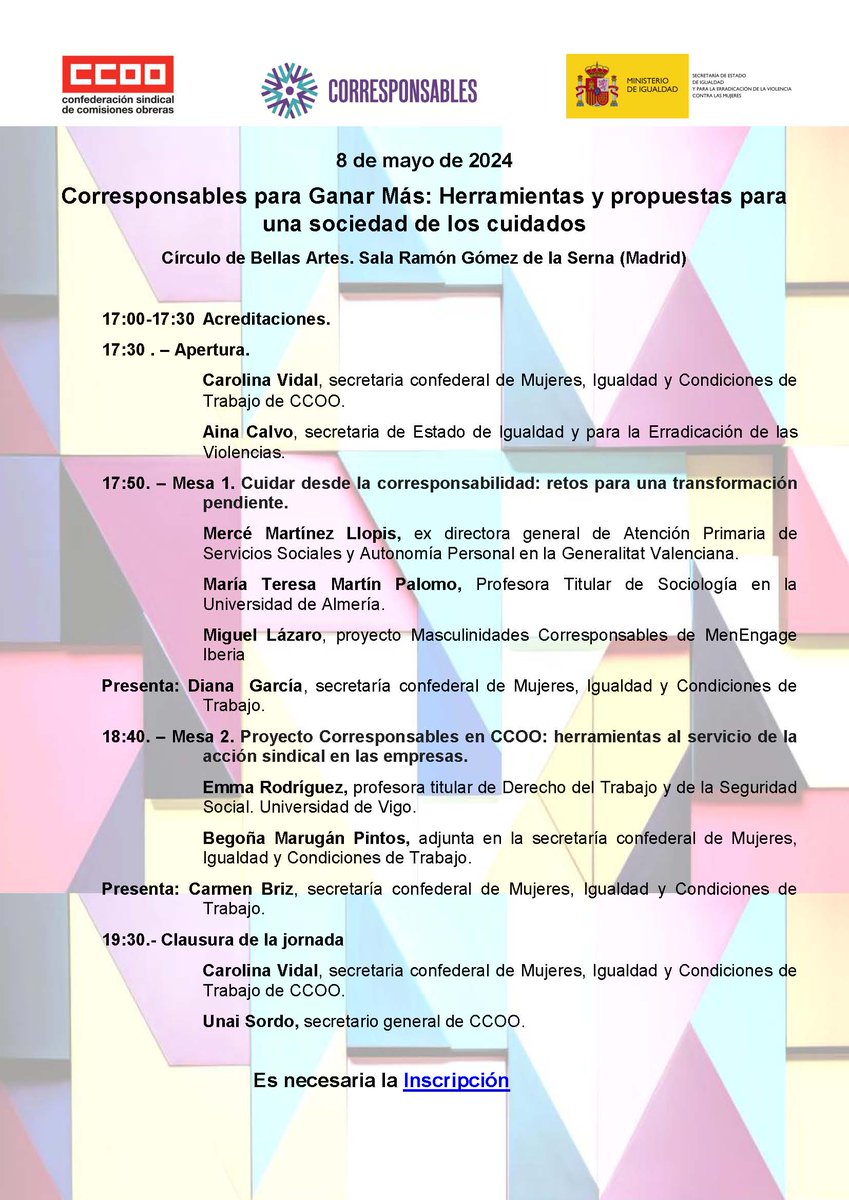 Consulta el programa de la jornada 'Corresponsables para Ganar Más: Herramientas y propuestas para una sociedad de los cuidados' que tendrá lugar el 8 de mayo en el Círculo de Bellas Artes de Madrid @cbamadrid.