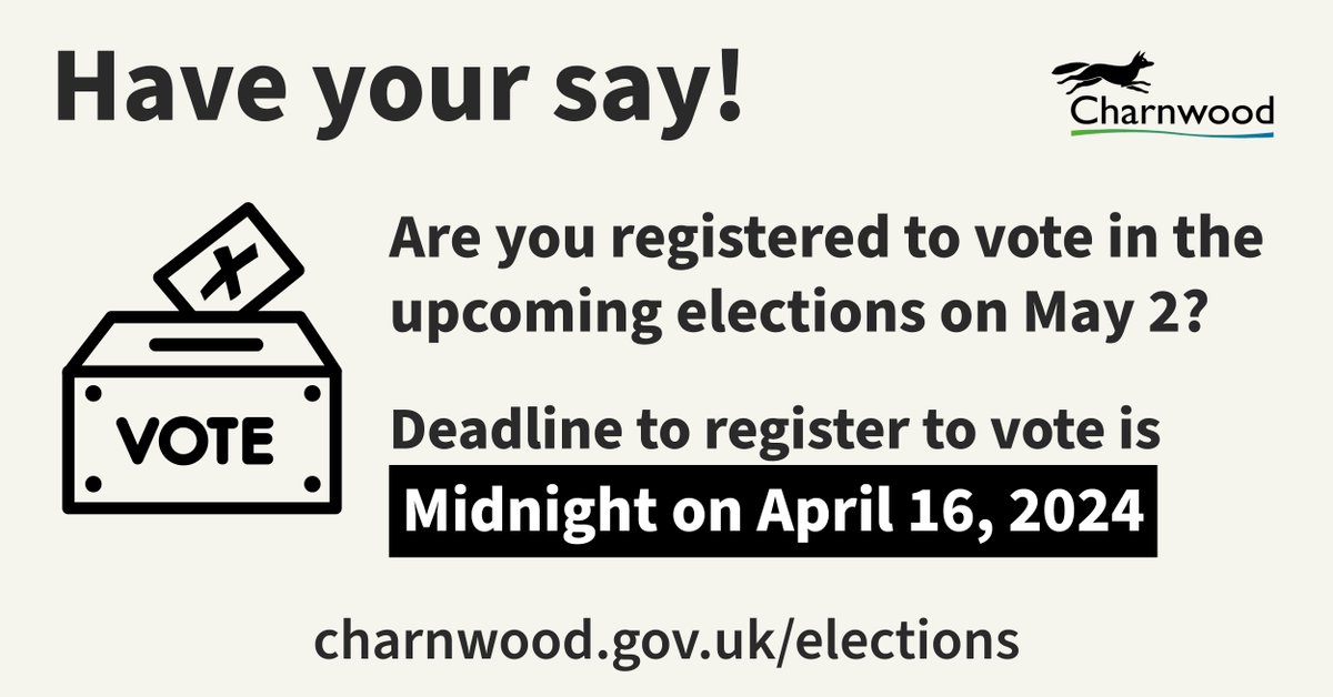 The deadline to register to vote in May's elections is midnight tomorrow (Tuesday April 16)! 🗳️Two elections will take place in Charnwood on May 2. - Leicestershire Police and Crime Commissioner - Loughborough East Ward by-election To find out more👇 charnwood.gov.uk/news/2024/04/0…