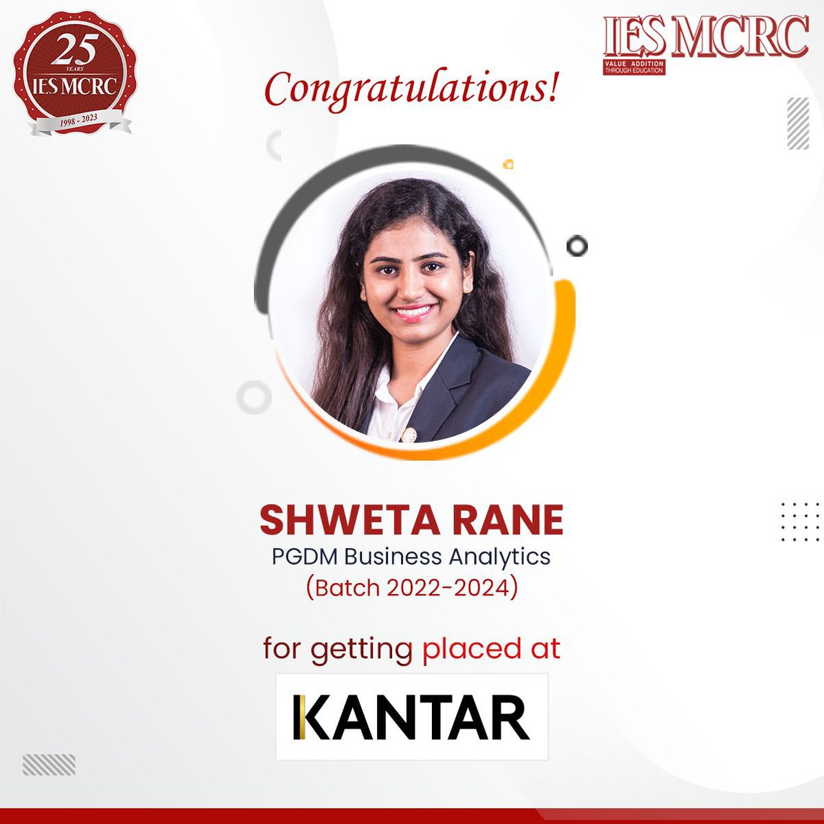 Heartiest congratulations for getting recruited at Kantar through IES MCRC. All the best

#IESMCRC #Congratulations #PGDM #Placemnet #PlacementDrive #Recruited #Mumbai