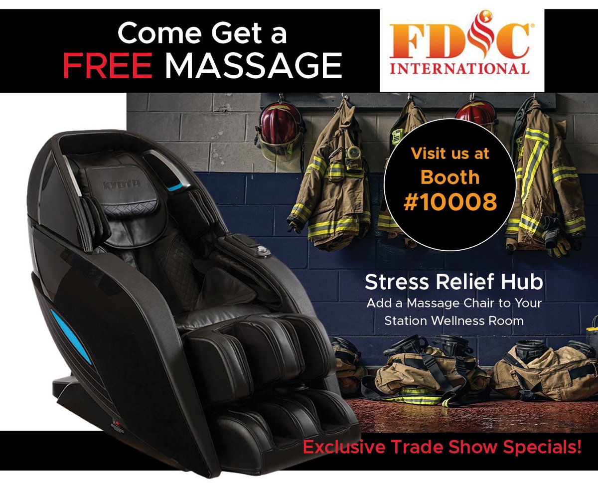 🔥 FDIC International! 🚒 Swing by our Booth #10008 for a complimentary massage and discover how our Infinity Massage Chairs can be a game-changer for firefighter recovery in your wellness rooms! #FDICInternational #FDIC2024 #FireFighterWellness #ShowSpecials #FirstResponder