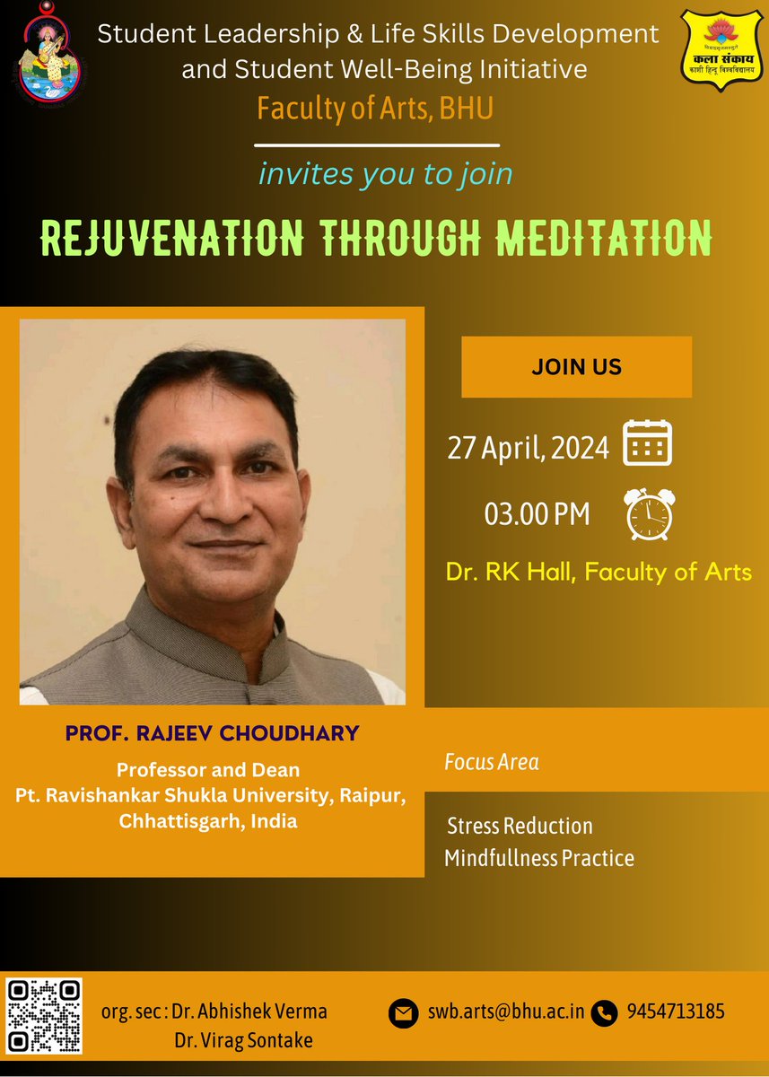 StudentsFOA's tweet photo. Dear students @DeanArtsBHU , learn essential self-defence techniques for safety &amp; confidence on April 26th, 3pm at RK Hall, Faculty of Arts. Join us for "Rejuvenation through meditation" on April 27th, 3pm. @VCofficeBHU @dsw_bhu @wellness_bhu @bhupro https://t.co/4XT7mNHBVt