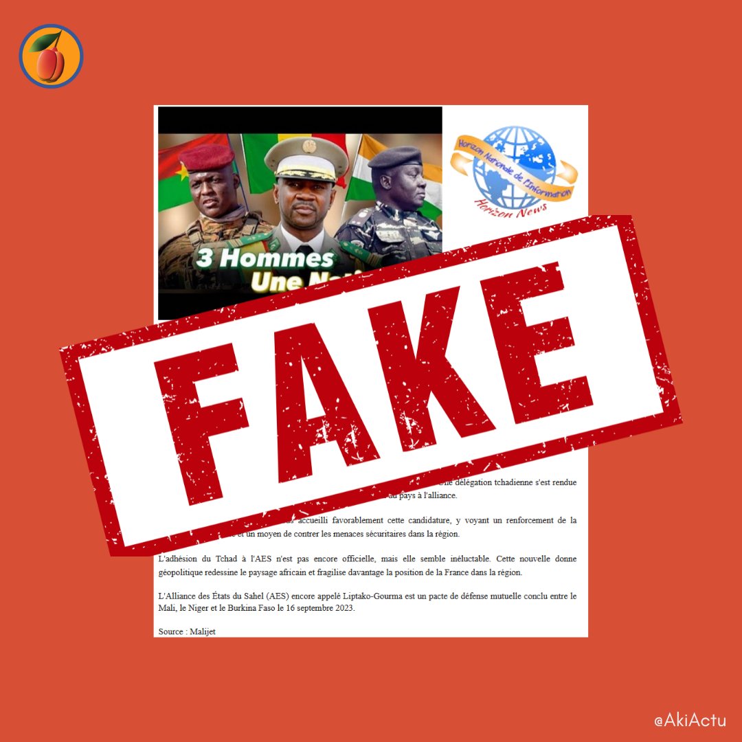 FAKE NEWS 'Le Tchad en passe de rejoindre l'Alliance des États du Sahel ' Rappelons également les #électionsprésidentielles au #Tchad qui se dérouleront le lundi 6 mai. Des campagnes de #factchecking sont courantes lors des élections, pour lutter contre les #fakenews et les…