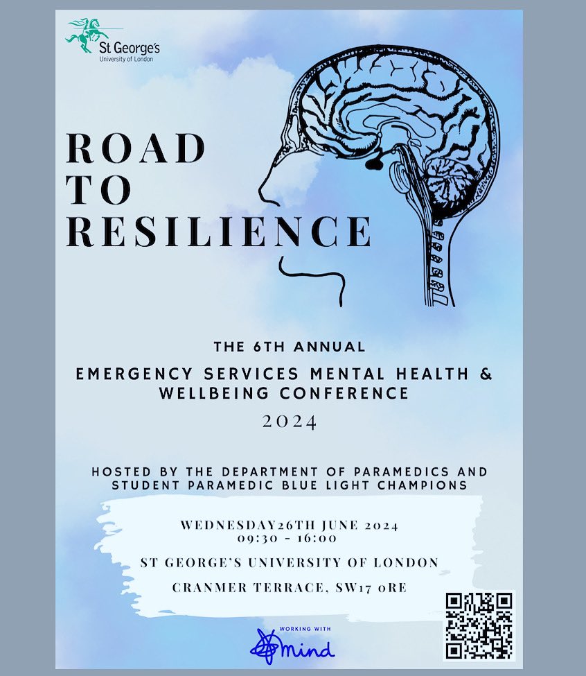 📣On the 26th June 2024 our amazing St George’s Student Paramedic Blue Light Champions are hosting ‘The Road to Resilience’: Emergency Services Mental Health and Wellbeing Conference. Sign up via the QR or here ➡️: forms.office.com/e/BHm1Pq0Pwh 🚑 🧠 @stgeorgesunioflondon @ParamedicsUK