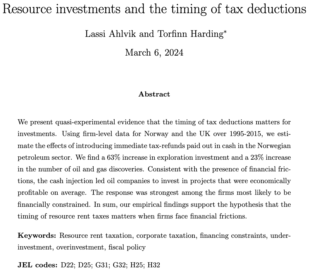 JAERE (@jaereaere) on Twitter photo 📈 Just accepted 📉 in <a href="/JaereAere/">JAERE</a>:
"Resource investments and the timing of tax deductions" by Lassi Ahlvik (<a href="/AhlvikLassi/">Lassi Ahlvik</a>) and Torfinn Harding (<a href="/tfharding/">Torfinn Harding</a>)
Read it here: journals.uchicago.edu/doi/10.1086/73… 📈 Just accepted 📉 in <a href="/JaereAere/">JAERE</a>:
"Resource investments and the timing of tax deductions" by Lassi Ahlvik (<a href="/AhlvikLassi/">Lassi Ahlvik</a>) and Torfinn Harding (<a href="/tfharding/">Torfinn Harding</a>)
Read it here: journals.uchicago.edu/doi/10.1086/73…