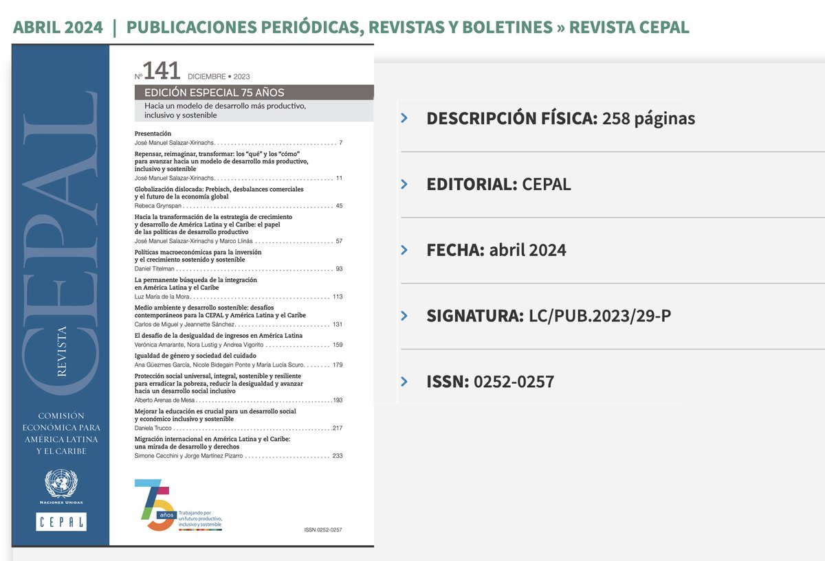 Recomendamos #RevistaCEPAL no. 141. Edición Especial 75 Años: Hacia un Modelo de Desarrollo más Productivo, Inclusivo y Sostenible 👉🏽 cepal.org/es/publicacion… La revista hace un llamado a repensar y transformar los modelos y políticas de desarrollo @cepal_onu @JoseMSalazarX