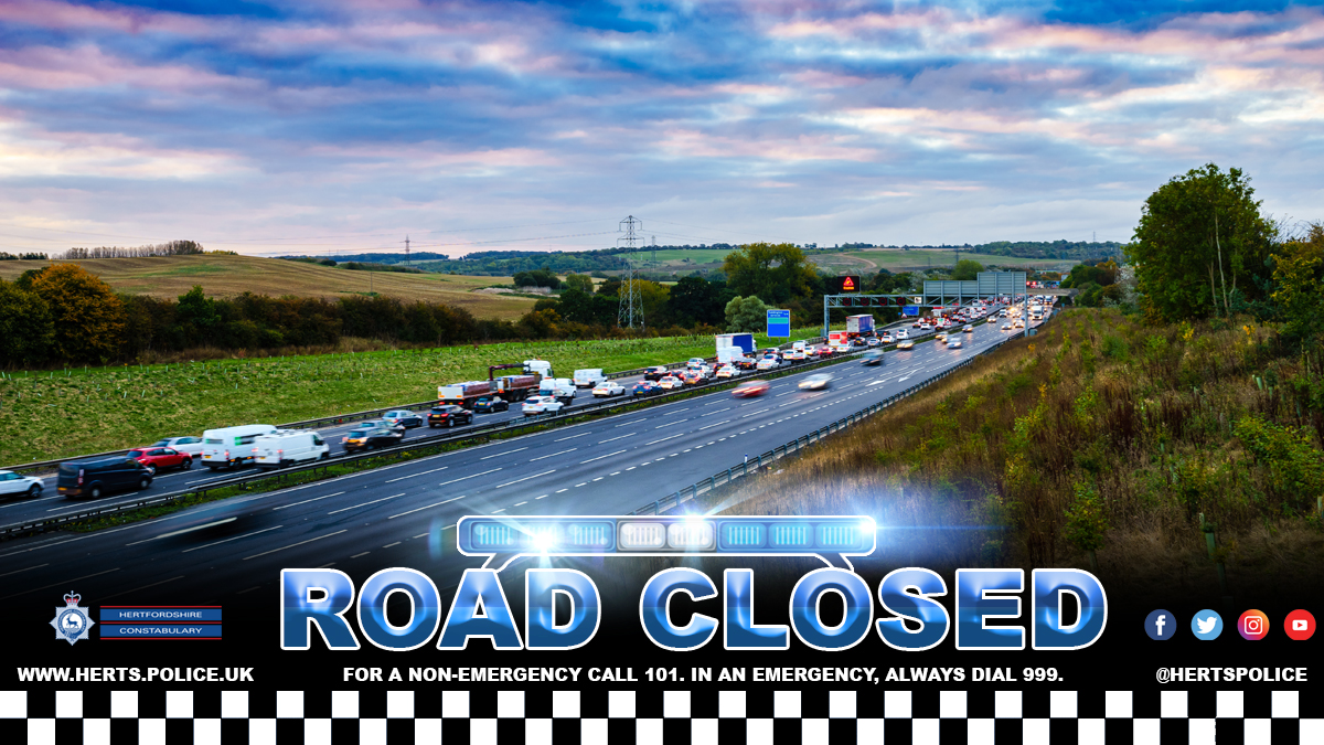 We are currently dealing with a road traffic collision on the M1. We would ask you to please avoid the area at this time as the M1 is closed at junction 6A Southbound. Thank you. #Herts #Hertfordshire #Police #RoadClosed #M1