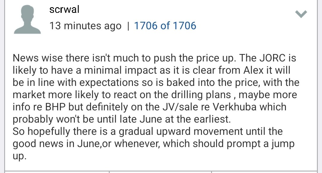 #est respectfully disagree. JORC inferred= external validation and chance to start working up potential valuations for sale/JV. Three high impact drills on Rudny Inc Talovskoye, could be bigger than Verkhuba. BHP ends June, site visit soon and could hear on follow on investment