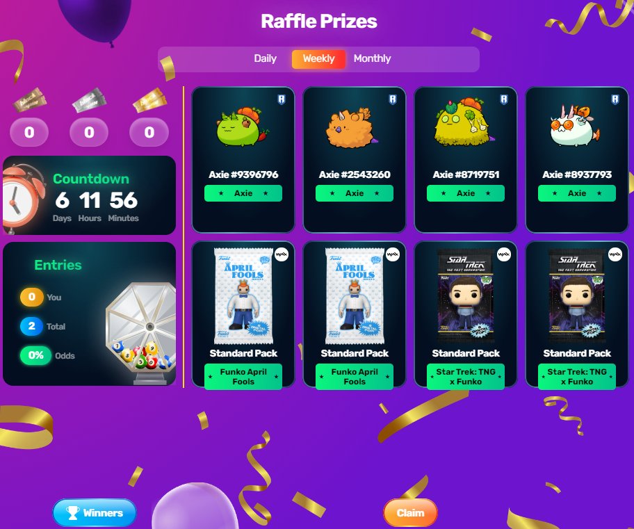 blockspingaming's tweet photo. Get ready for this week's raffle prizes! @AxieInfinity Axies and @OriginalFunko NFTs are on our Weekly Raffle! Don't miss out this chance to win this awesome NFTs!
Have fun and play for FREE at @BlockSpinGaming!
#free2play #freenft #Axie #axiegiveaway https://t.co/jA32p01c9m