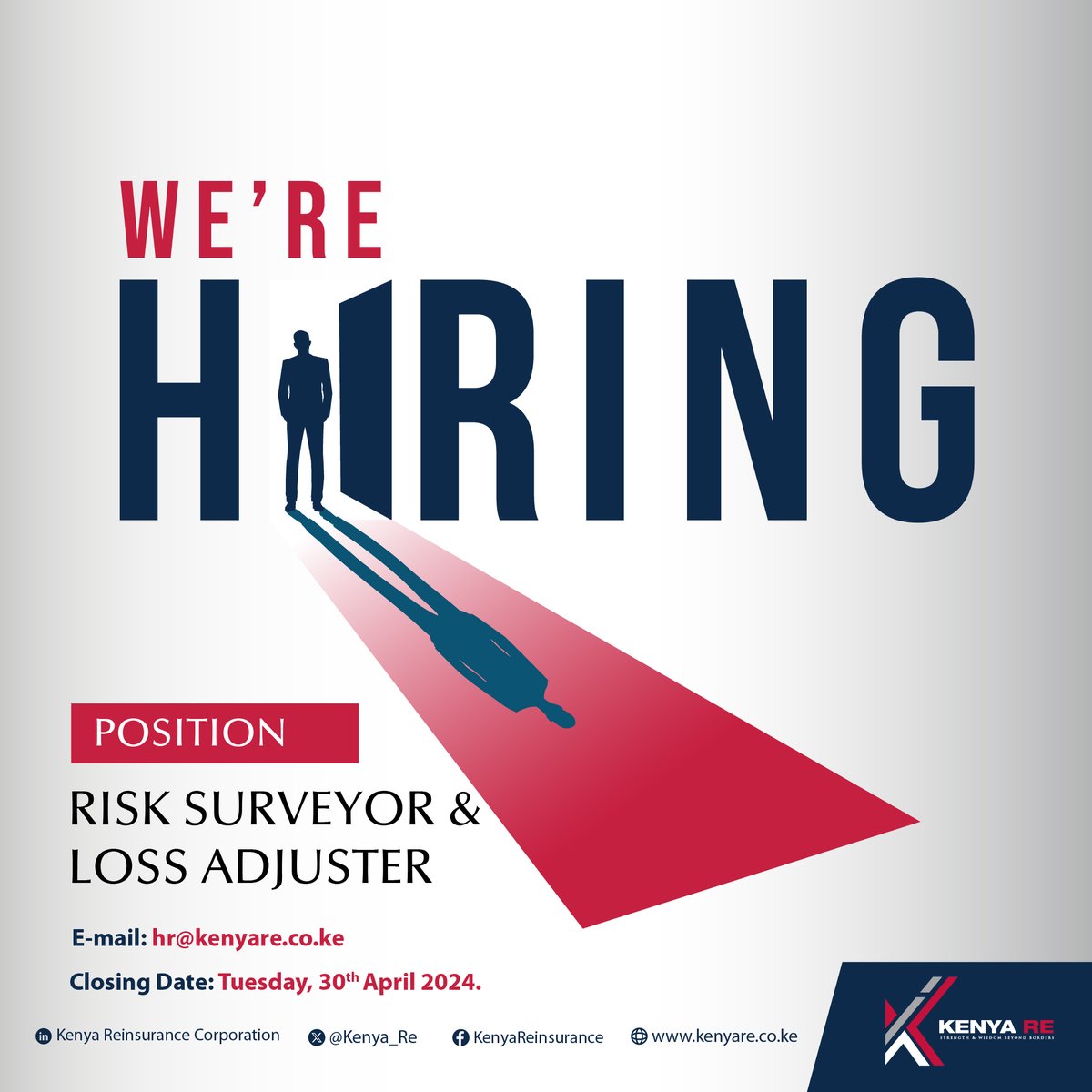 Ready to make a real impact? Apply now!
We're looking for passionate individuals to join our team.
Start your journey as a Risk Surveyor & Loss Adjuster at Kenya Reinsurance Corporation.

#risksurveyor #lossadjuster #insurancejobs #careers #KenyaJobs #IkoKaziKE #WithKenyaRe
