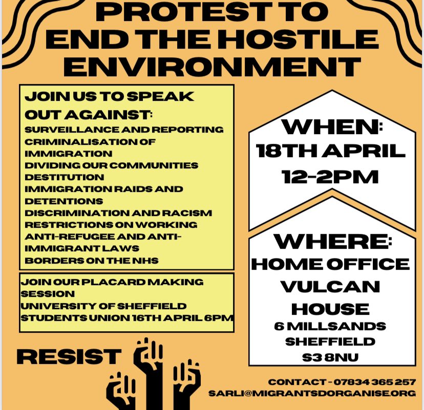 📢 Calling #Sheffield 📢 As our politicians push through the most regressive legislation - threatening to deport people 4000 miles away - take action with us ✊ Join us to #EndHostileEnvironment and strengthen our networks of migrant solidarity Thursday, Sheffield ⬇️