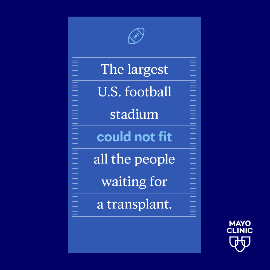 Even the largest U.S. football stadium could not fit the over 100,000 people waiting for a transplant. Support the team and share why organ donation is so important. mayocl.in/49H2RVk #DonateLifeMonth #OrganDonation