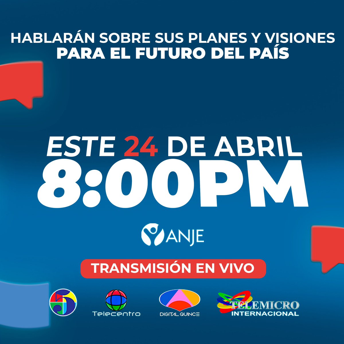 TelemicroHD's tweet photo. ¡Marca tu calendario para un evento imperdible! 🗓️
El 24 de abril a las 8:00 PM se llevará a cabo un debate presidencial histórico con la participación de Leonel Fernández, Abel Martínez y Luis Abinader.
Un momento clave para la democracia dominicana, organizado por #AnjeRD y transmitido por el Grupo Telemicro. 📺
Asegúrate de sintonizar este encuentro crucial donde los futuros de la nación se debaten.
¡No te lo puedes perder!
#DebatesRD #Telemicro